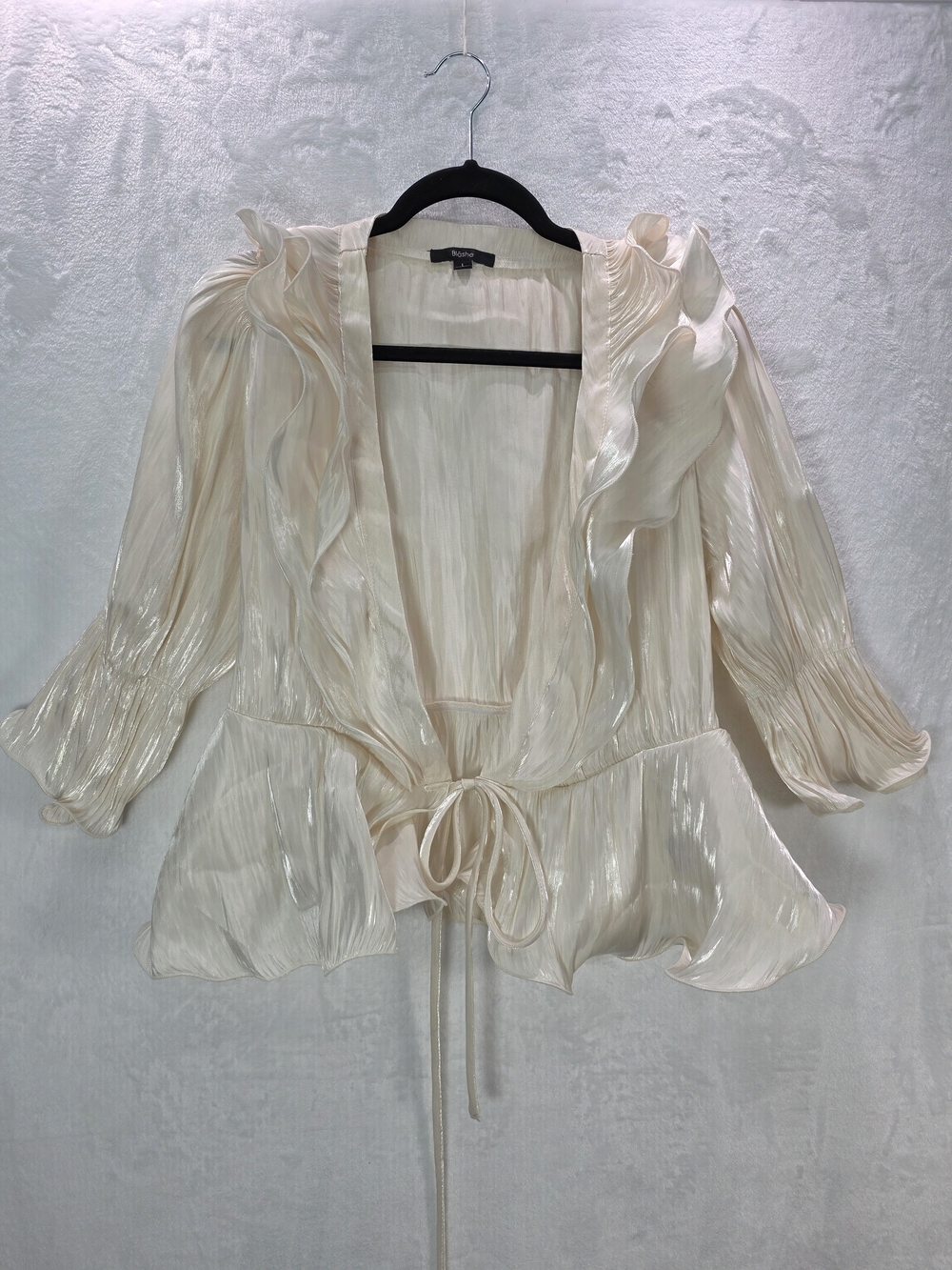 Womens' Silky Ruffled Tie-Front Blouse in Soft Cream